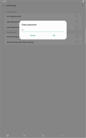 Key in your barring password and press OK. The default barring password is 0000.
