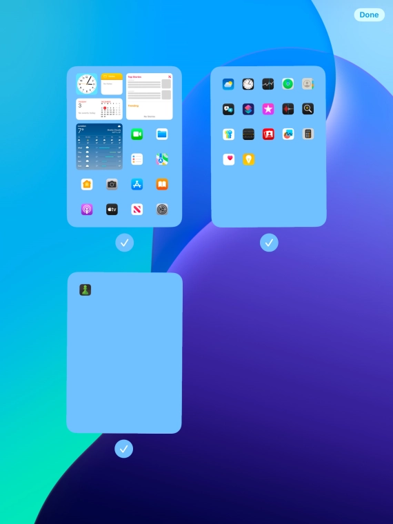 Press the field below the required home screen pages to select or deselect them.