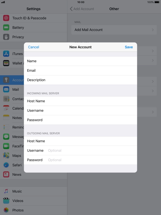 Press Username and key in the username for your email account. Please note that if you're using Vodafone's outgoing server, leave the username field empty.
