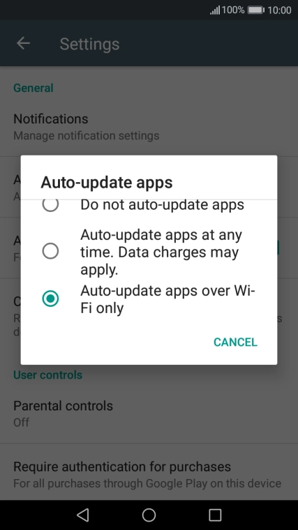 Press Auto-update apps over Wi-Fi only to turn on the function.