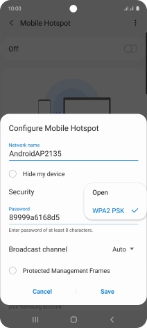 Press WPA2 PSK to password protect your Wi-Fi hotspot.