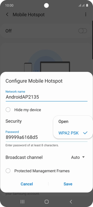 Press WPA2 PSK to password protect your Wi-Fi hotspot.
