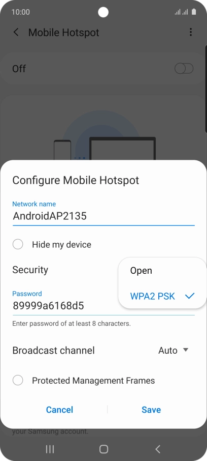 Press WPA2 PSK to password protect your Wi-Fi hotspot.