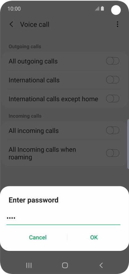 Key in your barring password and press OK. The default barring password is 0000.