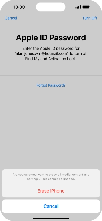 Key in the password for your Apple ID and press Erase iPhone. Wait a moment while the factory default settings are restored. Follow the instructions on the screen to set up your phone and prepare it for use.