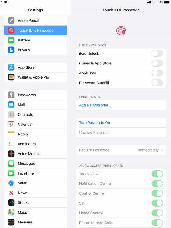 Press Turn Passcode On and key in a lock code of your own choice twice.