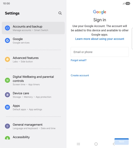 If you don't have a Google account, press Create account and follow the instructions on the screen to create an account.