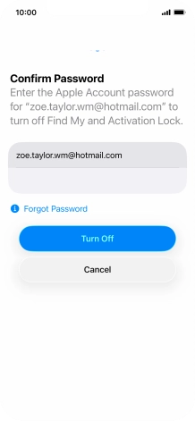 Key in the password for your Apple Account and press Turn Off. Wait a moment while the factory default settings are restored. Follow the instructions on the screen to set up your phone and prepare it for use.