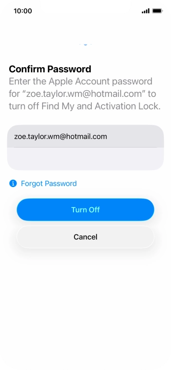 Key in the password for your Apple Account and press Turn Off. Wait a moment while the factory default settings are restored. Follow the instructions on the screen to set up your phone and prepare it for use.