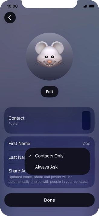 Press the required setting.