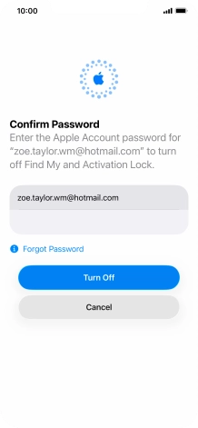 Key in the password for your Apple Account and press Turn Off. Wait a moment while the factory default settings are restored. Follow the instructions on the screen to set up your phone and prepare it for use.