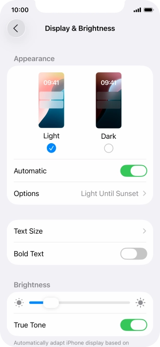 If you turn on the function, press Options and follow the instructions on the screen to select the required period of time for Dark Mode.