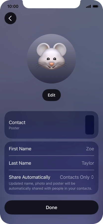 Press the name fields and follow the instructions on the screen to edit your name on the Contact Poster.