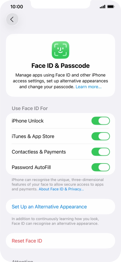 Press the indicators next to the required settings to turn them on or off.