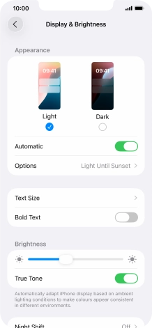 If you turn on the function, press Options and follow the instructions on the screen to select the required period of time for Dark Mode.