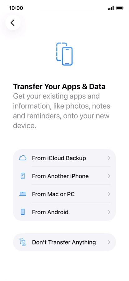 You can transfer content from an Android phone when your phone is activated for the first time and after a factory reset. When this screen is displayed, your phone is ready to transfer content from an Android phone.