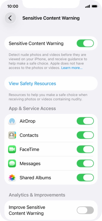 Press the indicators next to the required applications to turn the function on or off.