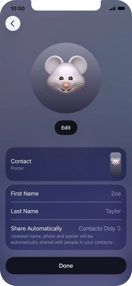 Press the name fields and follow the instructions on the screen to edit your name on the Contact Poster.