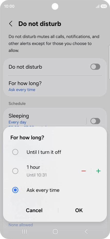 Press the required setting.