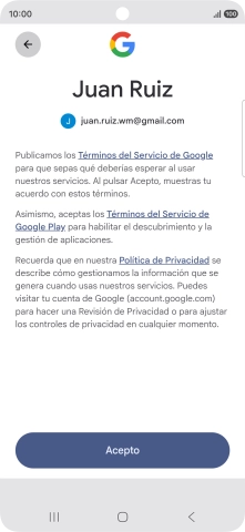 Pulsa Acepto y sigue las indicaciones de la pantalla para seleccionar los ajustes de tu cuenta de Google.