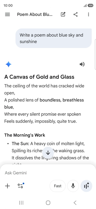 You can ask Gemini to generate a text based on your description. You can ask Gemini to generate a text based on your description.