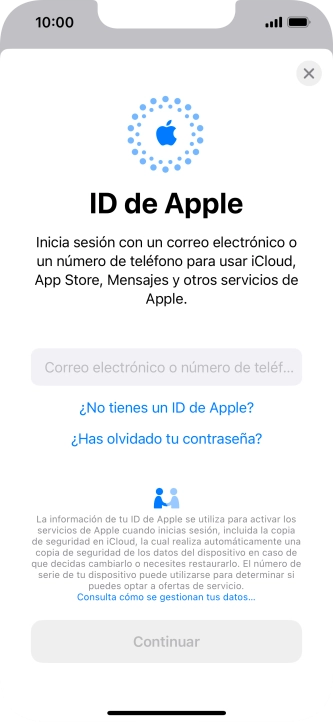 Si no tienes un ID de Apple, pulsa ¿No tienes un ID de Apple? y sigue las indicaciones de la pantalla para ver cómo crear un ID de Apple.