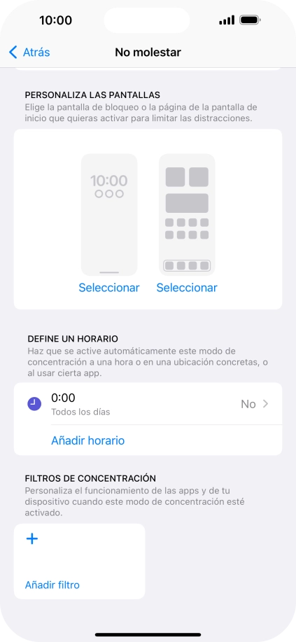 Pulsa Añadir horario y sigue las indicaciones de la pantalla para seleccionar los ajustes de la activación automática de No molestar.