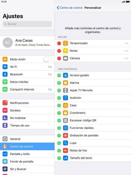 Pulsa el icono de eliminar junto a la función deseada para eliminarla del Centro de control.
