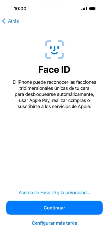 Sigue las indicaciones de la pantalla para activar el uso del reconocimiento facial (Face ID) o pulsa Configurar más tarde. Sigue las indicaciones de la pantalla para activar el uso del reconocimiento facial (Face ID) o pulsa Configurar más tarde.