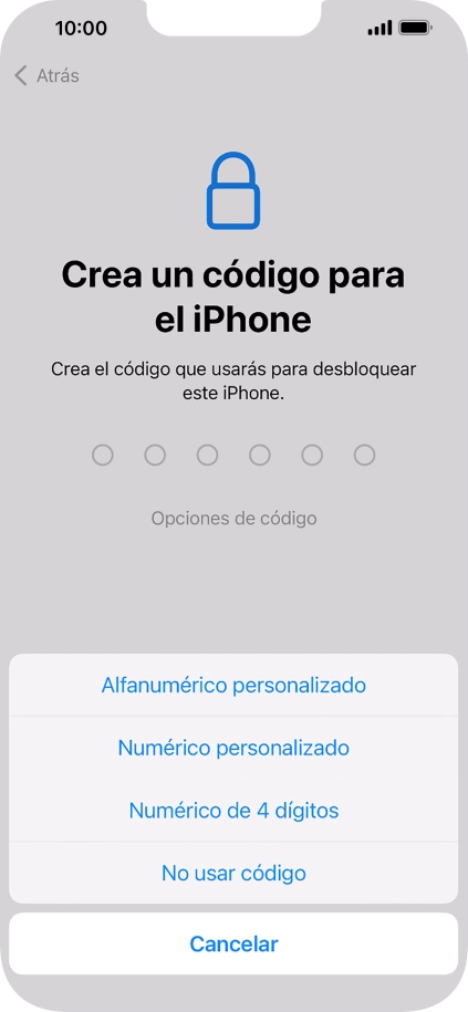 Sigue las indicaciones de la pantalla para activar el uso del código de seguridad o pulsa No usar código.