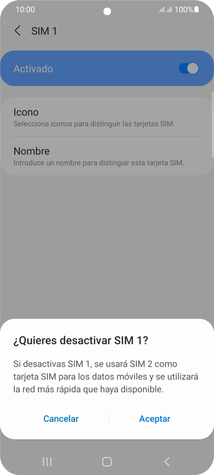 Si desactivas el uso de la tarjeta SIM, pulsa Aceptar.
