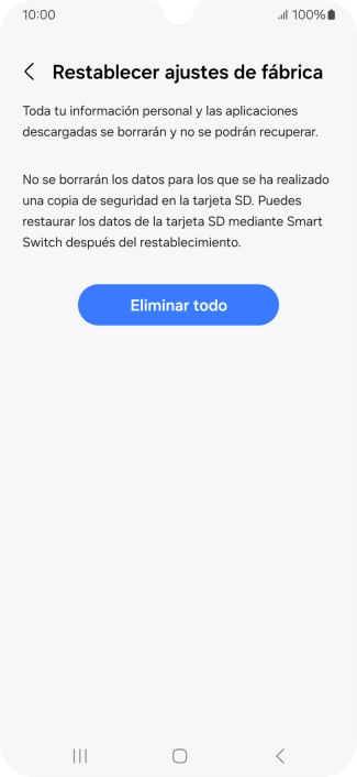 Pulsa Eliminar todo. Espera unos instantes mientras el teléfono restablece la configuración predeterminada. Sigue las indicaciones de la pantalla para configurar el teléfono y dejarlo listo para su uso.