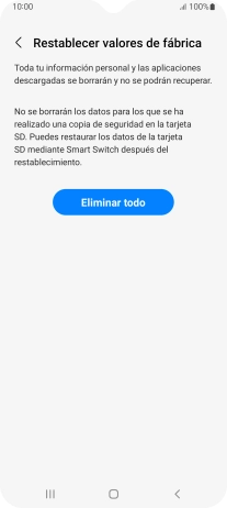 Pulsa Eliminar todo. Espera unos instantes mientras el teléfono restablece la configuración predeterminada. Sigue las indicaciones de la pantalla para configurar el teléfono y dejarlo listo para su uso.