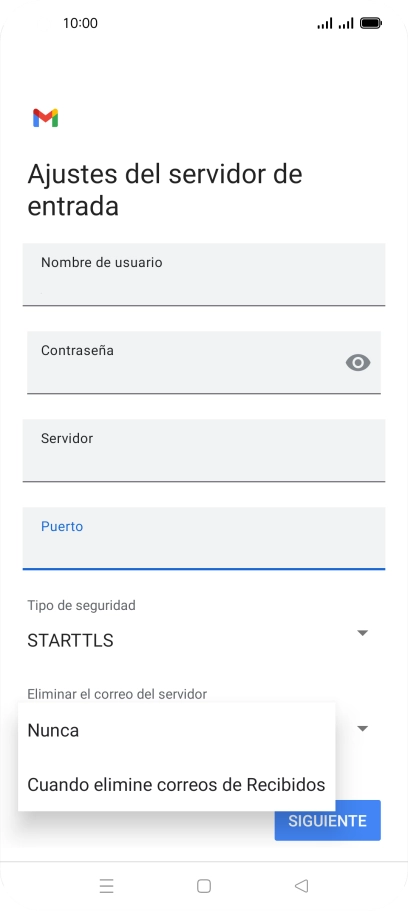 Pulsa Nunca para conservar los correos electrónicos en el servidor cuando los borras del teléfono.