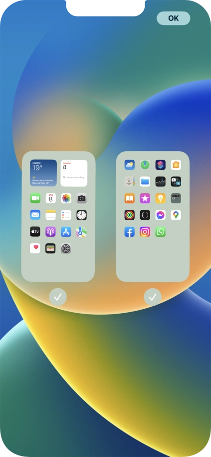Pulsa en los campos bajo las páginas deseadas de la pantalla de inicio para activar o desactivar la visualización de páginas.