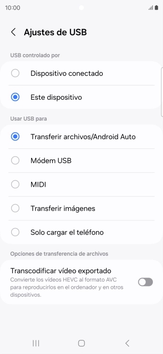 Pulsa Transferir archivos/Android Auto.