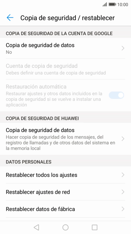 Pulsa Restablecer datos de fábrica.