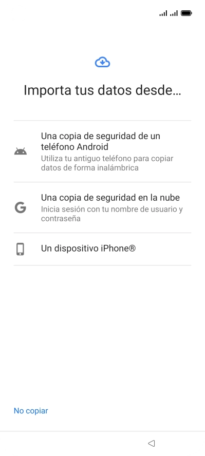 Pulsa el ajuste deseado y sigue las instrucciones de la pantalla para transferir el contenido del otro teléfono. Pulsa el ajuste deseado y sigue las instrucciones de la pantalla para transferir el contenido del otro teléfono.