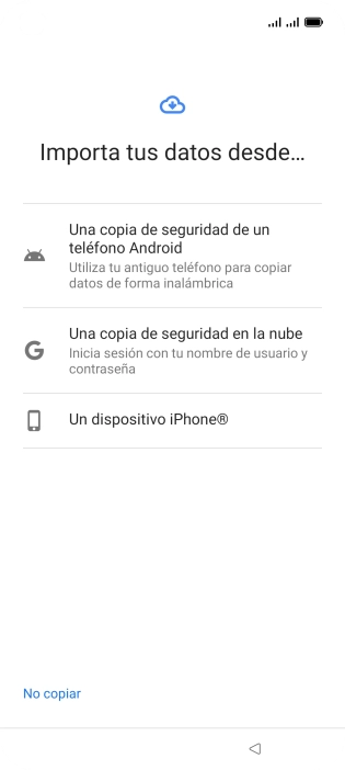 Pulsa el ajuste deseado y sigue las instrucciones de la pantalla para transferir el contenido del otro teléfono. Pulsa el ajuste deseado y sigue las instrucciones de la pantalla para transferir el contenido del otro teléfono.