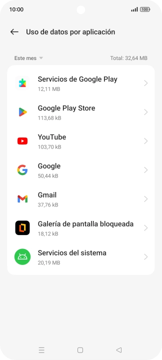 El consumo de datos por cada aplicación aparece bajo el nombre de la aplicación.