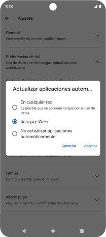 Para activar la actualización automática de apps utilizando la red móvil, pulsa En cualquier red.