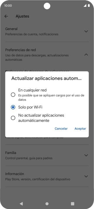 Para activar la actualización automática de apps utilizando la red móvil, pulsa En cualquier red.