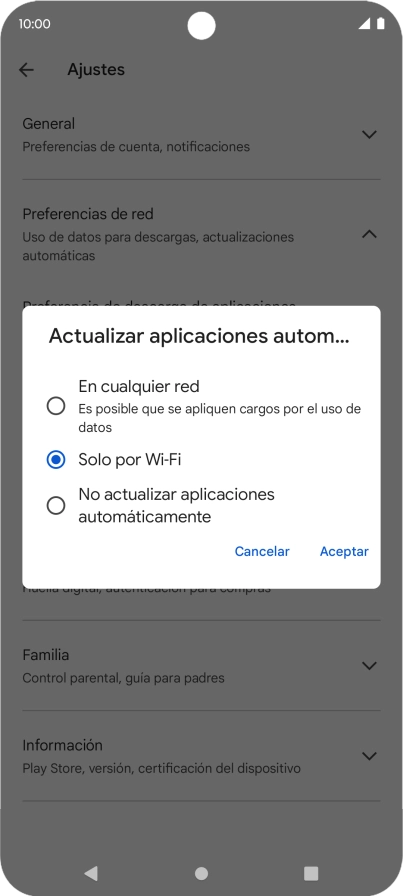 Para activar la actualización automática de apps utilizando la red móvil, pulsa En cualquier red.