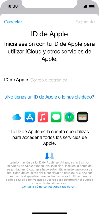 Si no tienes un ID de Apple, pulsa ¿No tienes un ID de Apple o lo has olvidado? y sigue las indicaciones de la pantalla para ver cómo crear un ID de Apple.