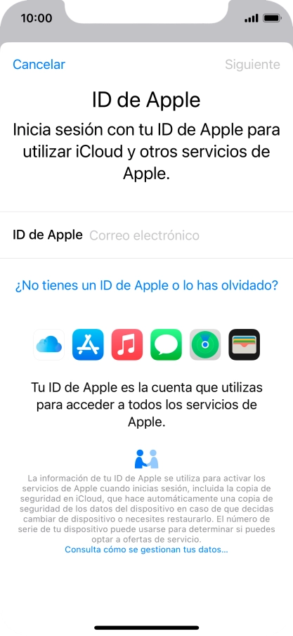 Si no tienes un ID de Apple, pulsa ¿No tienes un ID de Apple o lo has olvidado? y sigue las indicaciones de la pantalla para ver cómo crear un ID de Apple.