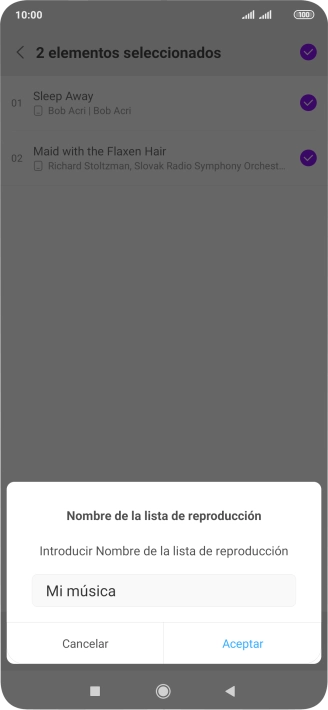 Introduce el nombre deseado de la lista de reproducción y pulsa Aceptar. Introduce el nombre deseado de la lista de reproducción y pulsa Aceptar.