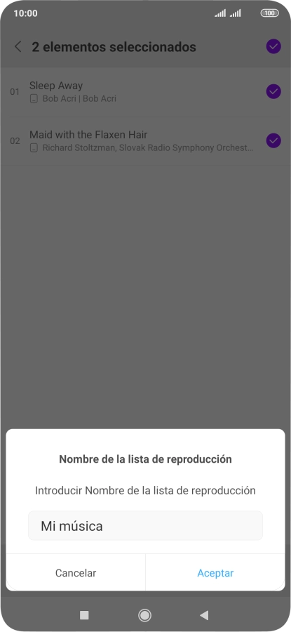 Introduce el nombre deseado de la lista de reproducción y pulsa Aceptar. Introduce el nombre deseado de la lista de reproducción y pulsa Aceptar.