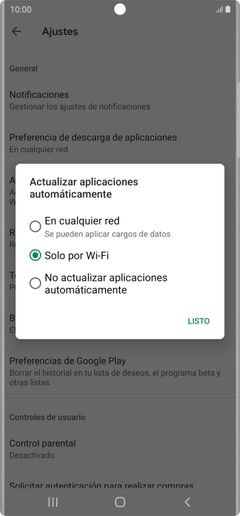 Para activar la actualización automática de apps utilizando la red móvil, pulsa En cualquier red.