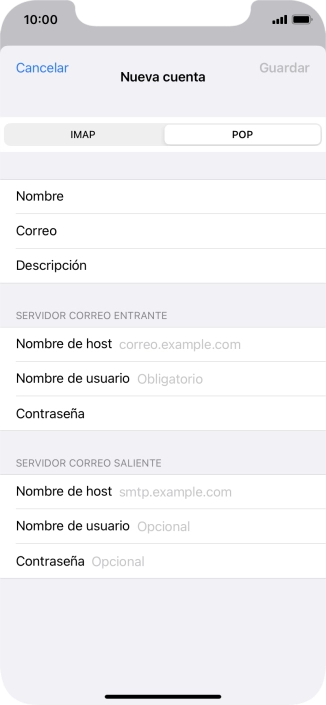Pulsa Nombre de host e introduce el nombre del servidor de correo de entrada de tu proveedor de correo electrónico.