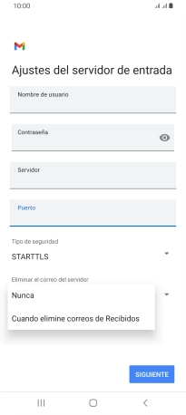 Pulsa Nunca para conservar los correos electrónicos en el servidor cuando los borras del teléfono.